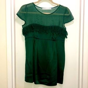 Susana Monaco Emerald Green Satin & Sheer top with scalloped details